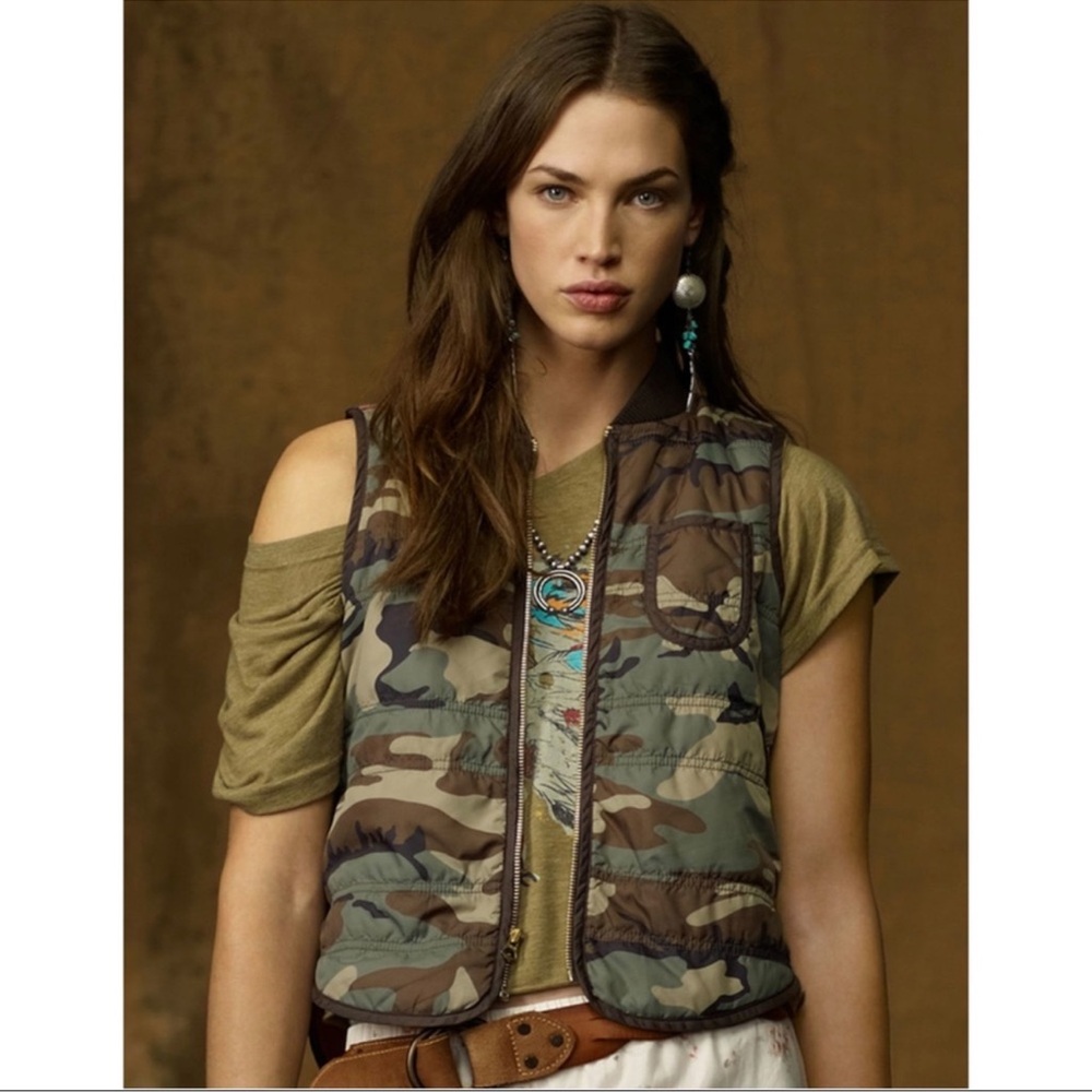 NWT Denim & Supply Ralph Lauren Quilted Vest Womens Small Green Camo US Flag